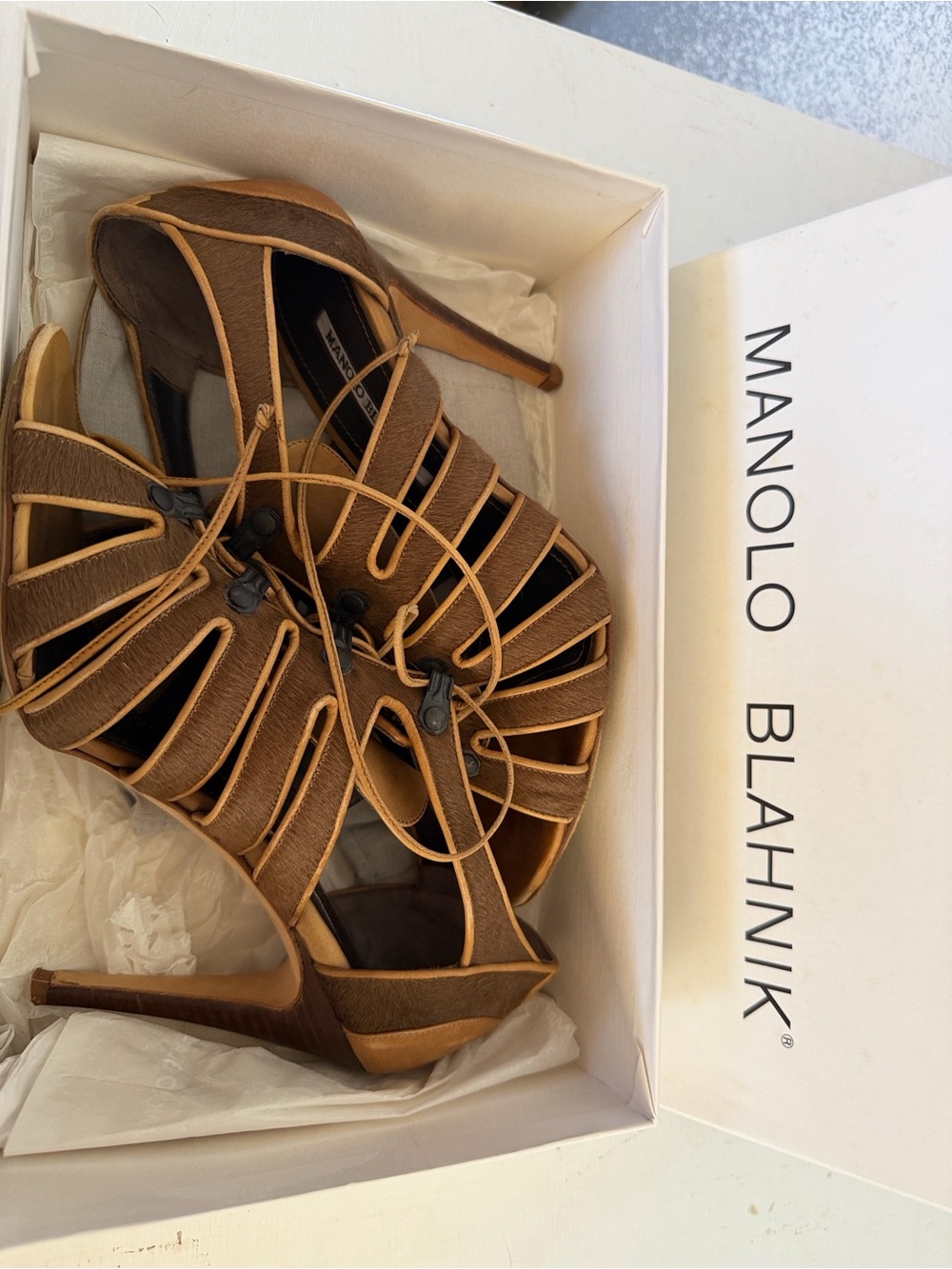 Manolo Blahnik Brown ponyhair Leather Strappy Stiletto Sandals